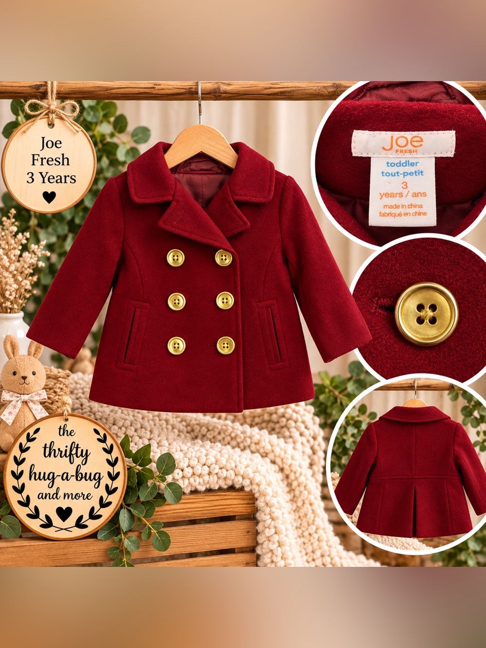 Joe Fresh Girls Red Peacoat | Size 3T | Gold Button Dress Coat